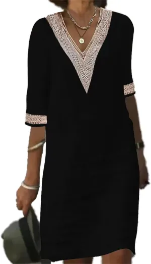 Casual Cotton Linen Dress for Women Summer V Neck Lace Trim Half Sleeve Solid Loose Midi Dress