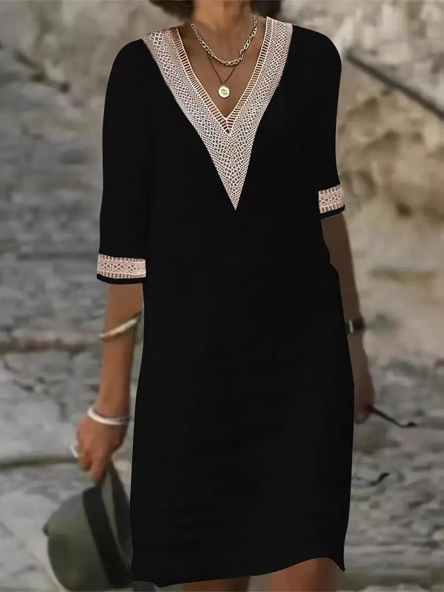 Casual Cotton Linen Dress for Women Summer V Neck Lace Trim Half Sleeve Solid Loose Midi Dress