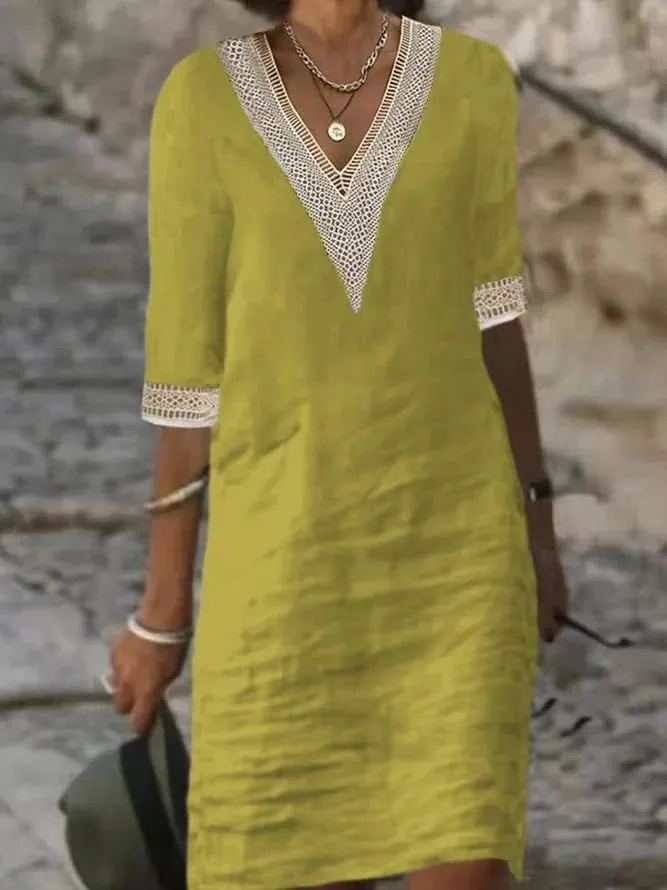 Casual Cotton Linen Dress for Women Summer V Neck Lace Trim Half Sleeve Solid Loose Midi Dress