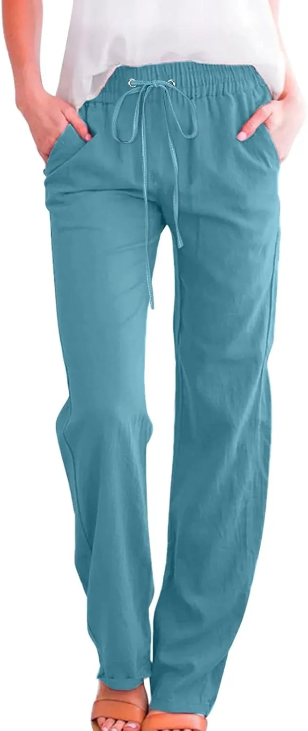 Casual Cotton Linen Pants Women High Waist Drawstring 2025 Summer Loose Lightweight Solid Lounge Long Trousers