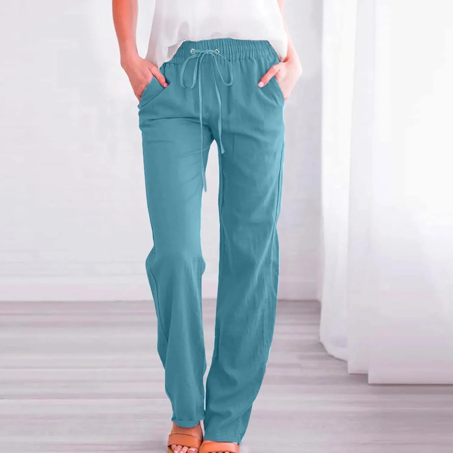 Casual Cotton Linen Pants Women High Waist Drawstring 2025 Summer Loose Lightweight Solid Lounge Long Trousers