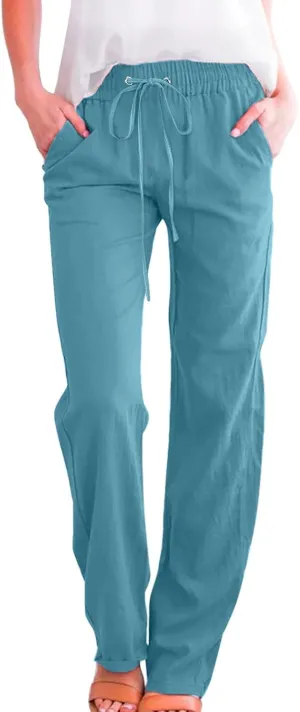 Casual Cotton Linen Pants Women High Waist Drawstring 2025 Summer Loose Lightweight Solid Lounge Long Trousers