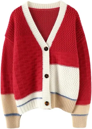 CHARTOU Women Color Block Cardigan Sweater Chunky Knit Button Open Front Loose Fit Coatigan Outwear