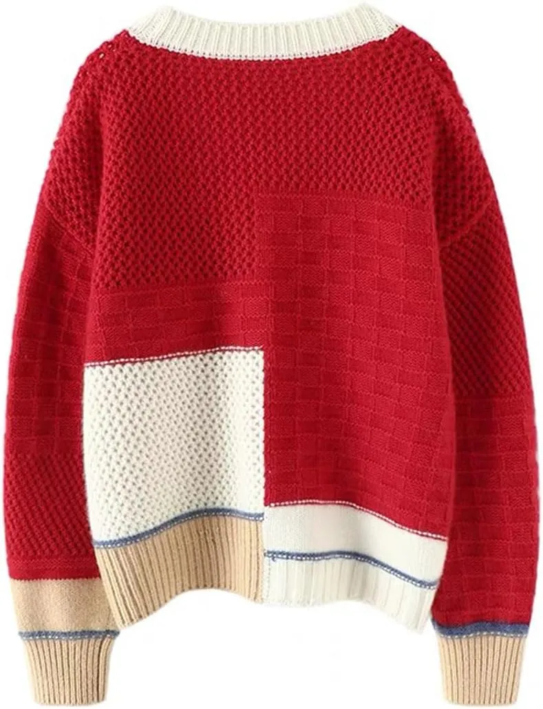 CHARTOU Women Color Block Cardigan Sweater Chunky Knit Button Open Front Loose Fit Coatigan Outwear
