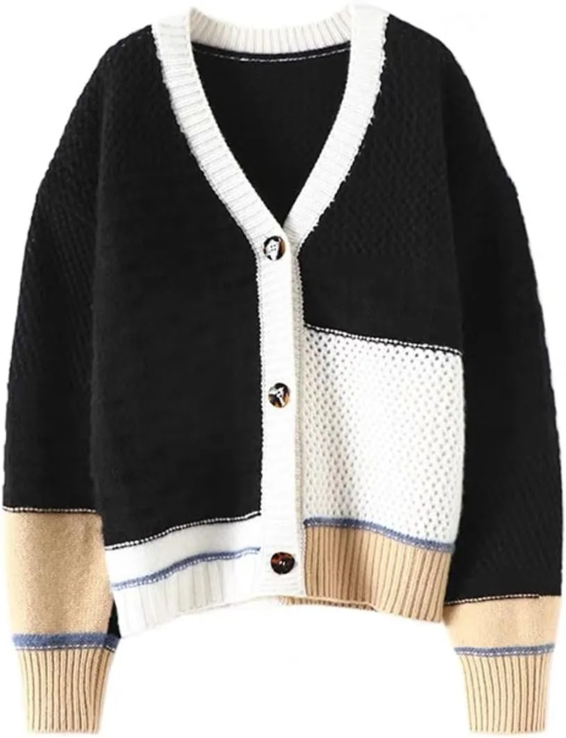 CHARTOU Women Color Block Cardigan Sweater Chunky Knit Button Open Front Loose Fit Coatigan Outwear