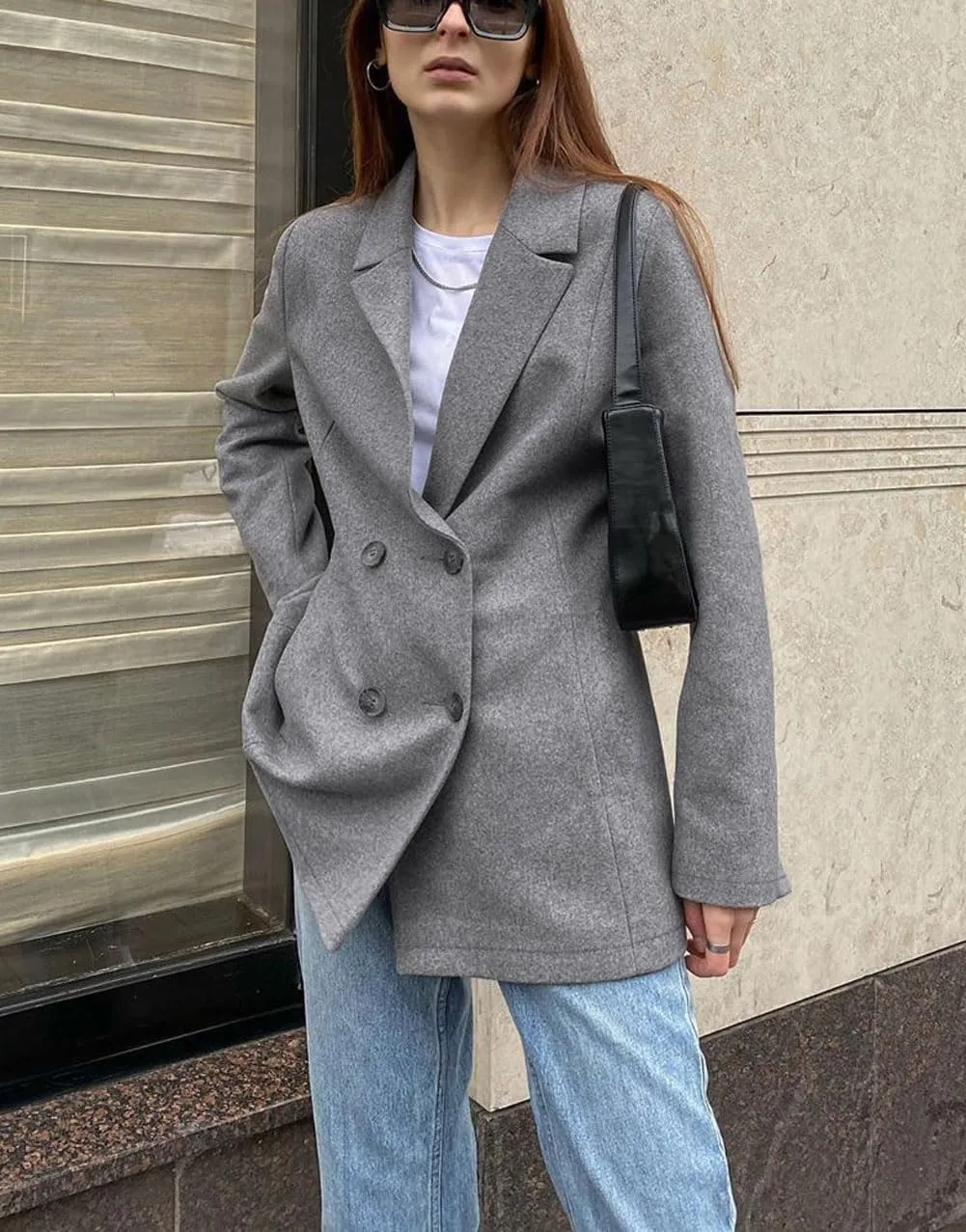 chouyatou Women's Fall Double Breasted Wool Blazer Jacket Work Office Notch Lapel Wool Jacket Coat