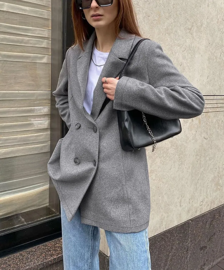 chouyatou Women's Fall Double Breasted Wool Blazer Jacket Work Office Notch Lapel Wool Jacket Coat