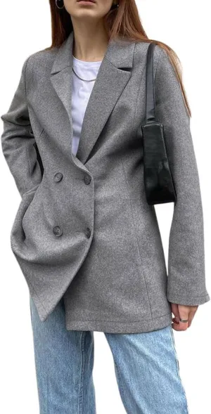 chouyatou Women's Fall Double Breasted Wool Blazer Jacket Work Office Notch Lapel Wool Jacket Coat