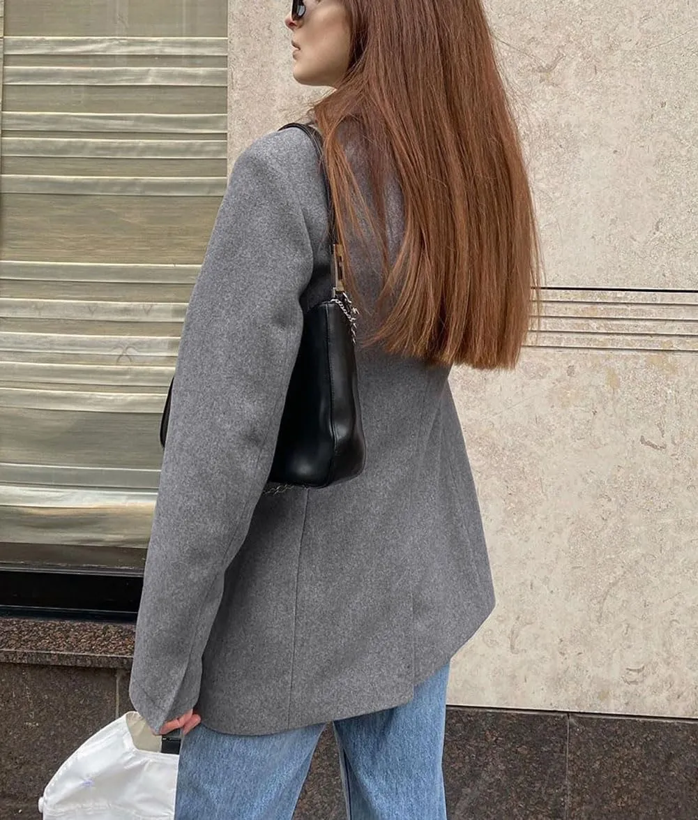chouyatou Women's Fall Double Breasted Wool Blazer Jacket Work Office Notch Lapel Wool Jacket Coat