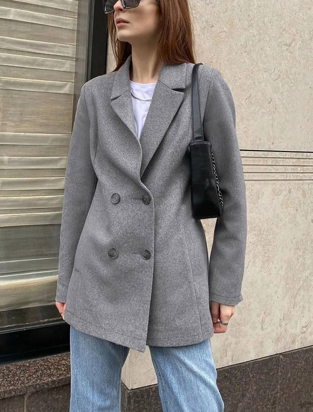 chouyatou Women's Fall Double Breasted Wool Blazer Jacket Work Office Notch Lapel Wool Jacket Coat