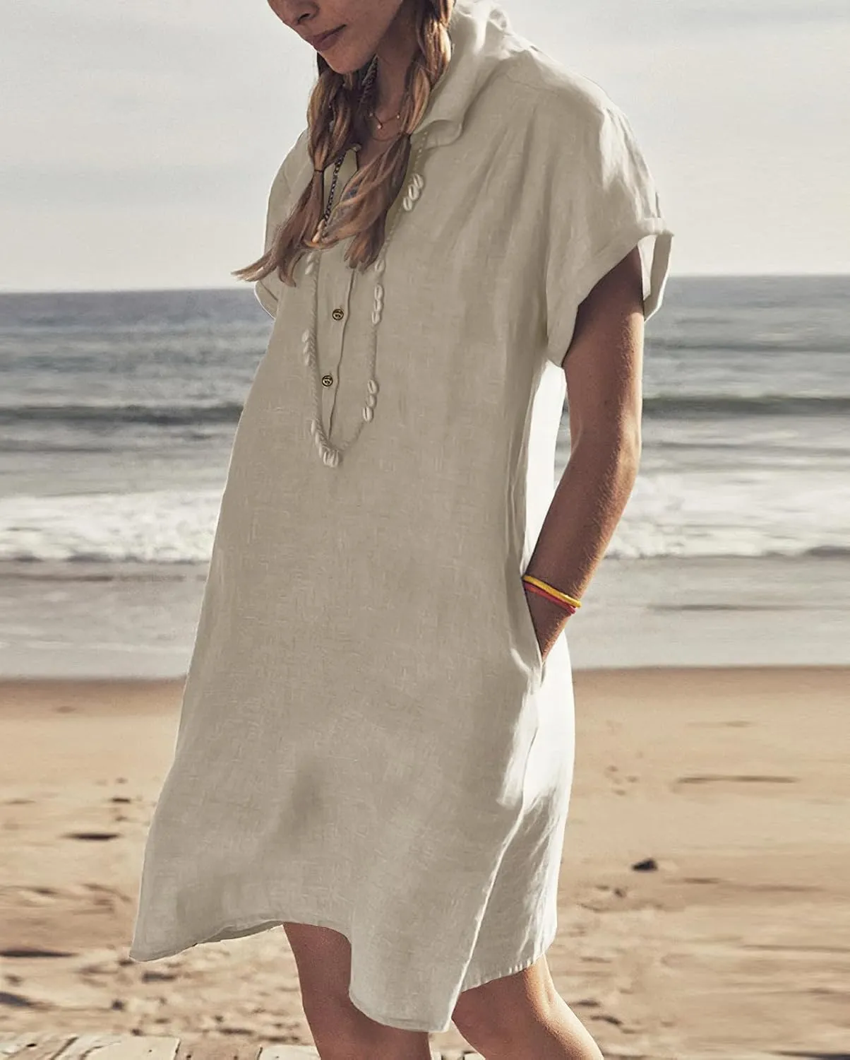 chouyatou Women's Summer Polo Neck Casual Linen Shirt Dress Midi Tunic Beach Dress Cover Ups