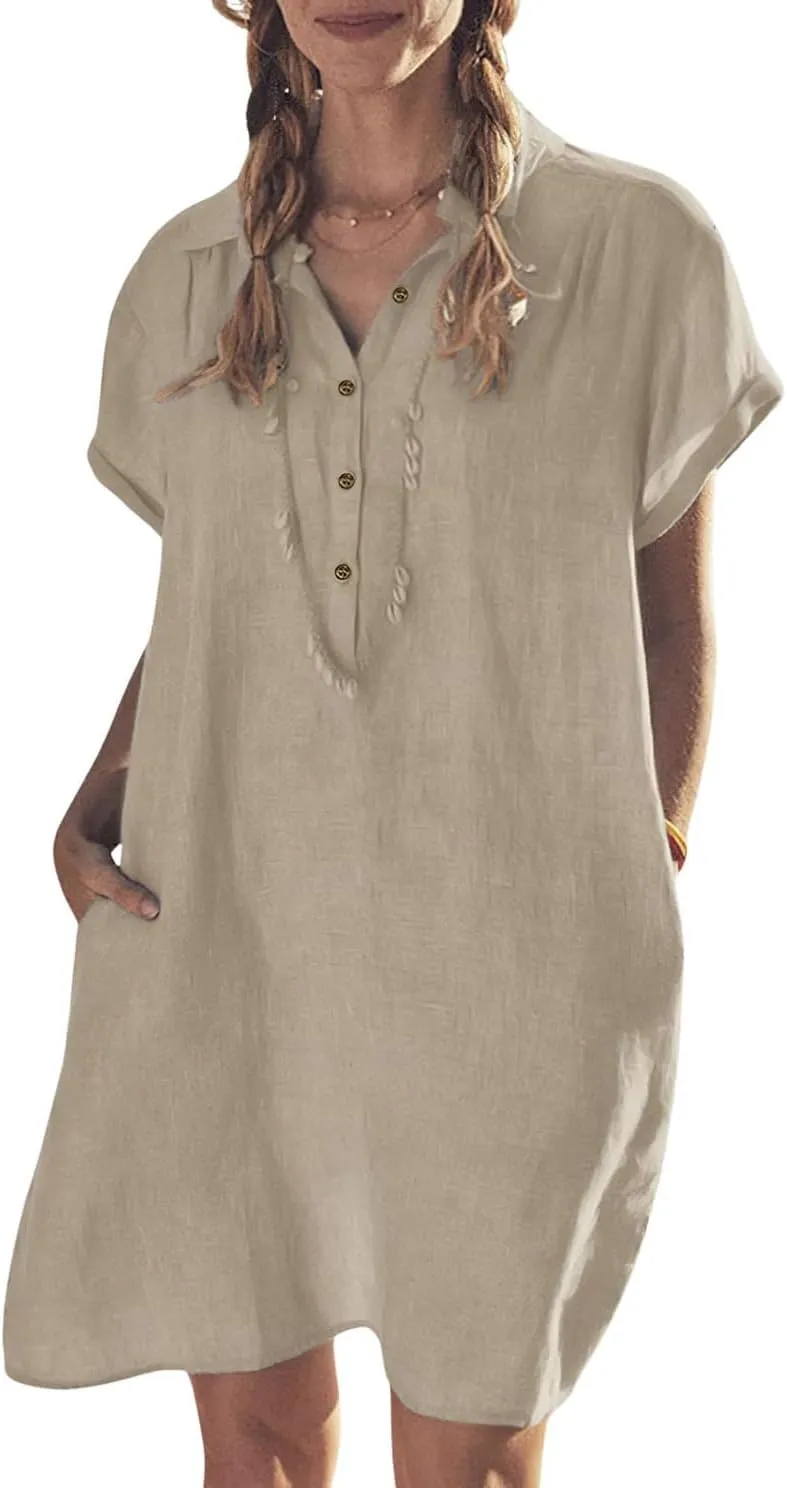 chouyatou Women's Summer Polo Neck Casual Linen Shirt Dress Midi Tunic Beach Dress Cover Ups