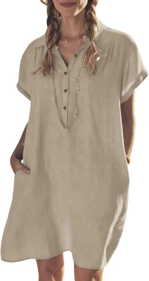 chouyatou Women's Summer Polo Neck Casual Linen Shirt Dress Midi Tunic Beach Dress Cover Ups