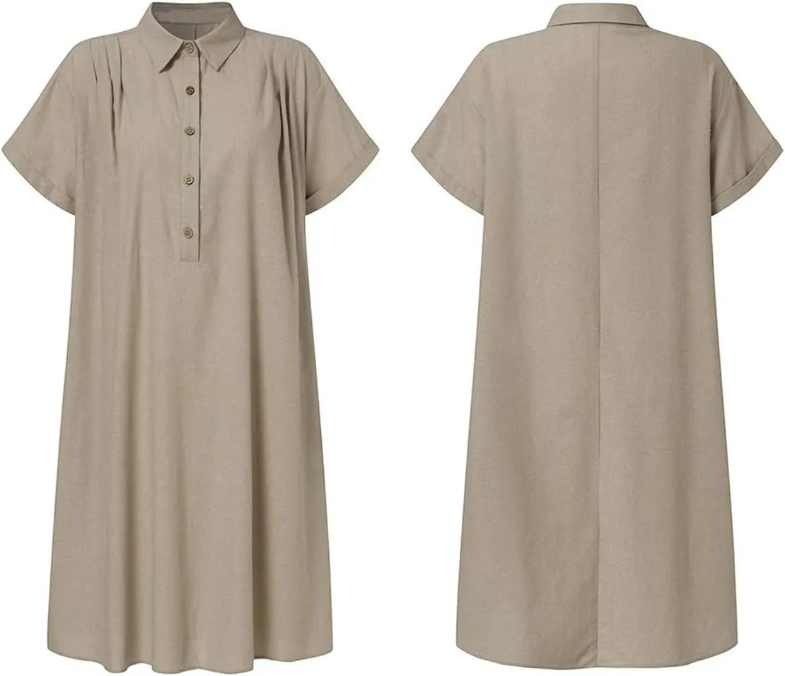 chouyatou Women's Summer Polo Neck Casual Linen Shirt Dress Midi Tunic Beach Dress Cover Ups