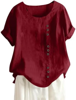 Cotton Linen Shirts Women Crew Neck Short Sleeve Tunic Button Down Blouse Shirt Plus Size Casual Summer T-Shirts Top