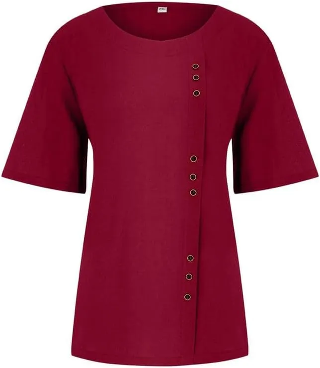 Cotton Linen Shirts Women Crew Neck Short Sleeve Tunic Button Down Blouse Shirt Plus Size Casual Summer T-Shirts Top