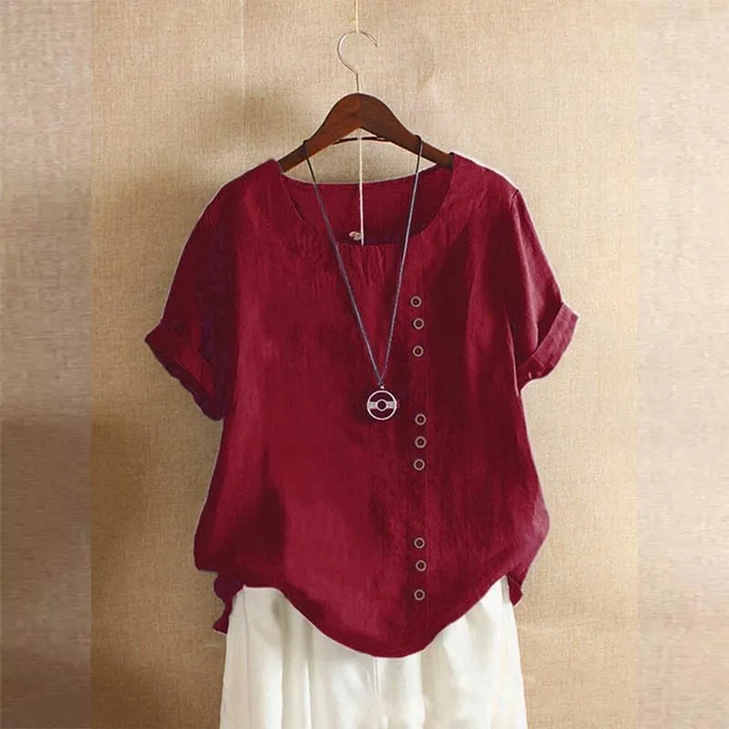 Cotton Linen Shirts Women Crew Neck Short Sleeve Tunic Button Down Blouse Shirt Plus Size Casual Summer T-Shirts Top