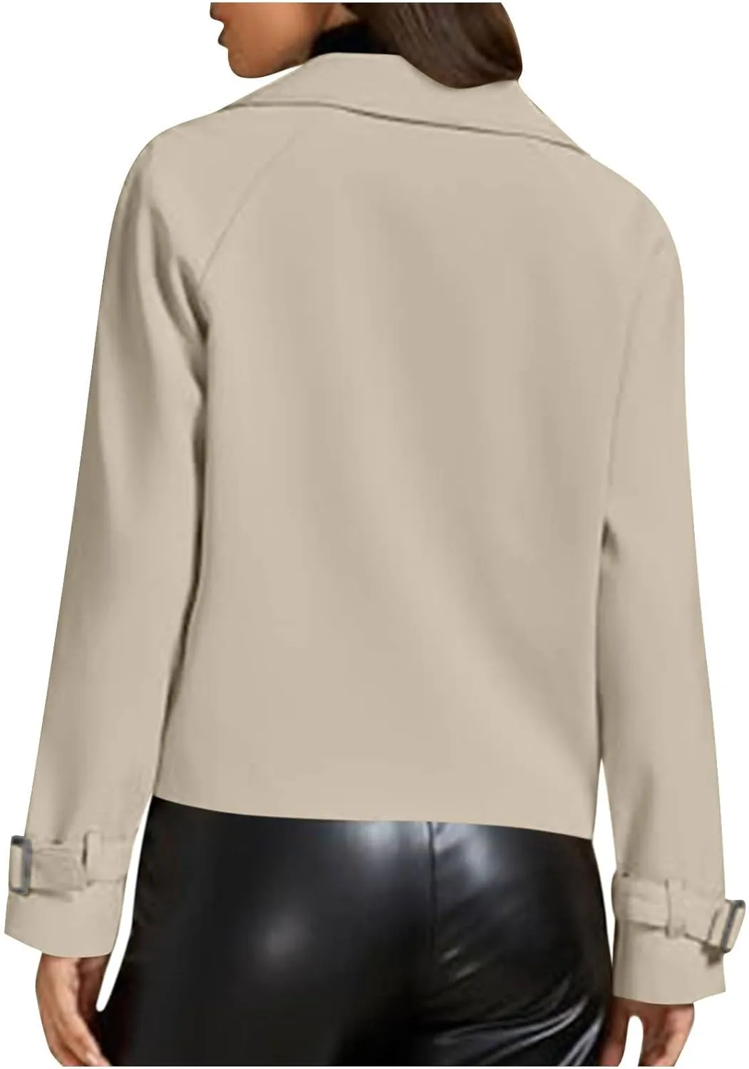 Cropped Trench Coat for Women Long Sleeve Double Breasted Notched Lapel Casual Loose Fit Jackets with Pockets Fall