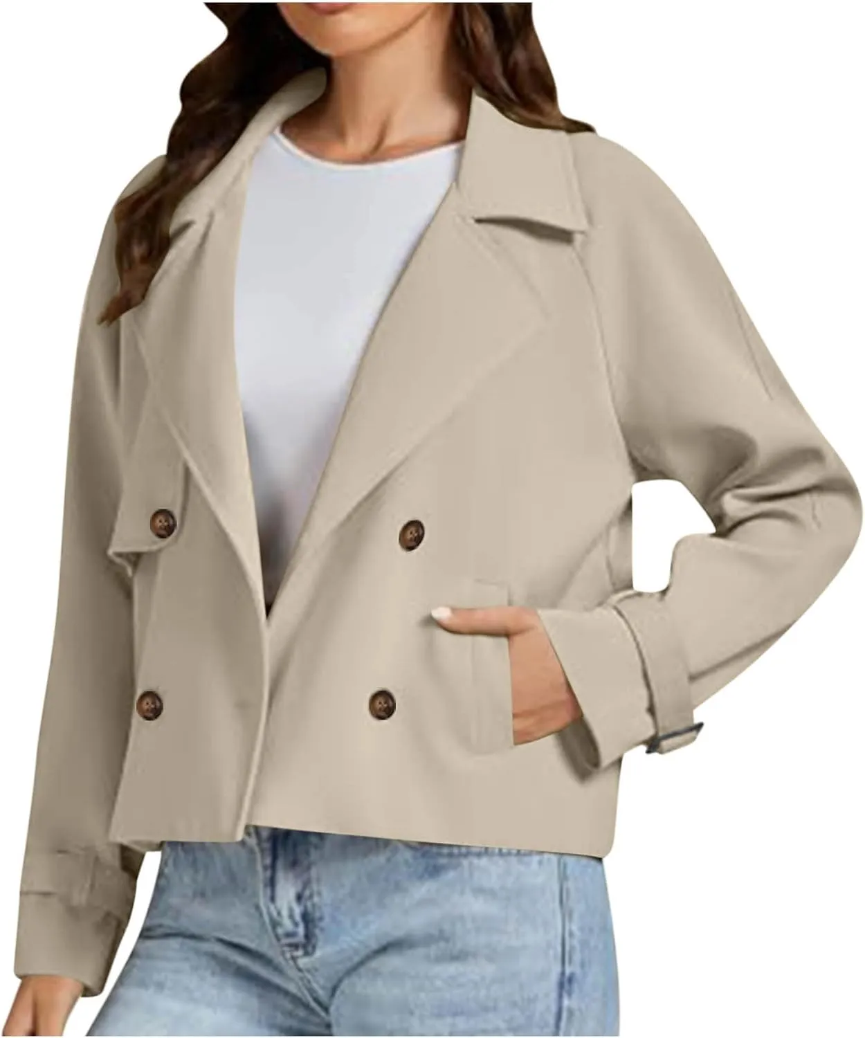 Cropped Trench Coat for Women Long Sleeve Double Breasted Notched Lapel Casual Loose Fit Jackets with Pockets Fall