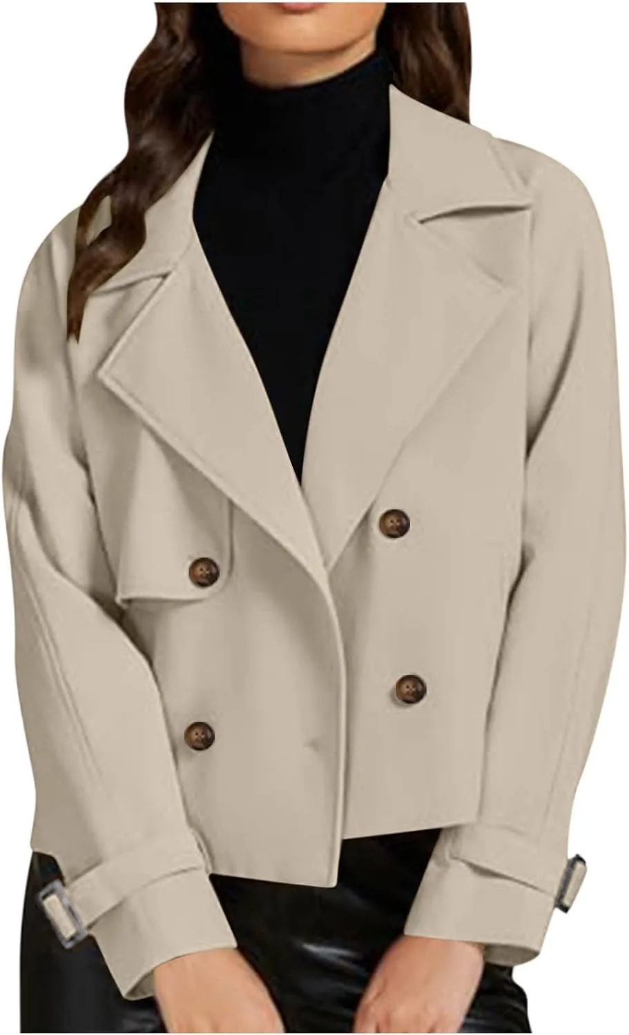 Cropped Trench Coat for Women Long Sleeve Double Breasted Notched Lapel Casual Loose Fit Jackets with Pockets Fall