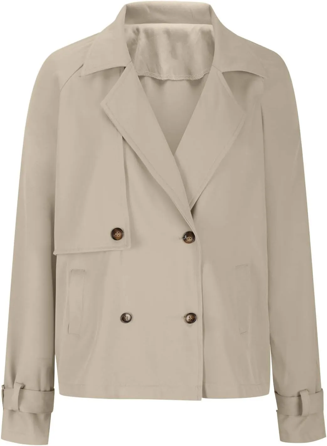 Cropped Trench Coat for Women Long Sleeve Double Breasted Notched Lapel Casual Loose Fit Jackets with Pockets Fall