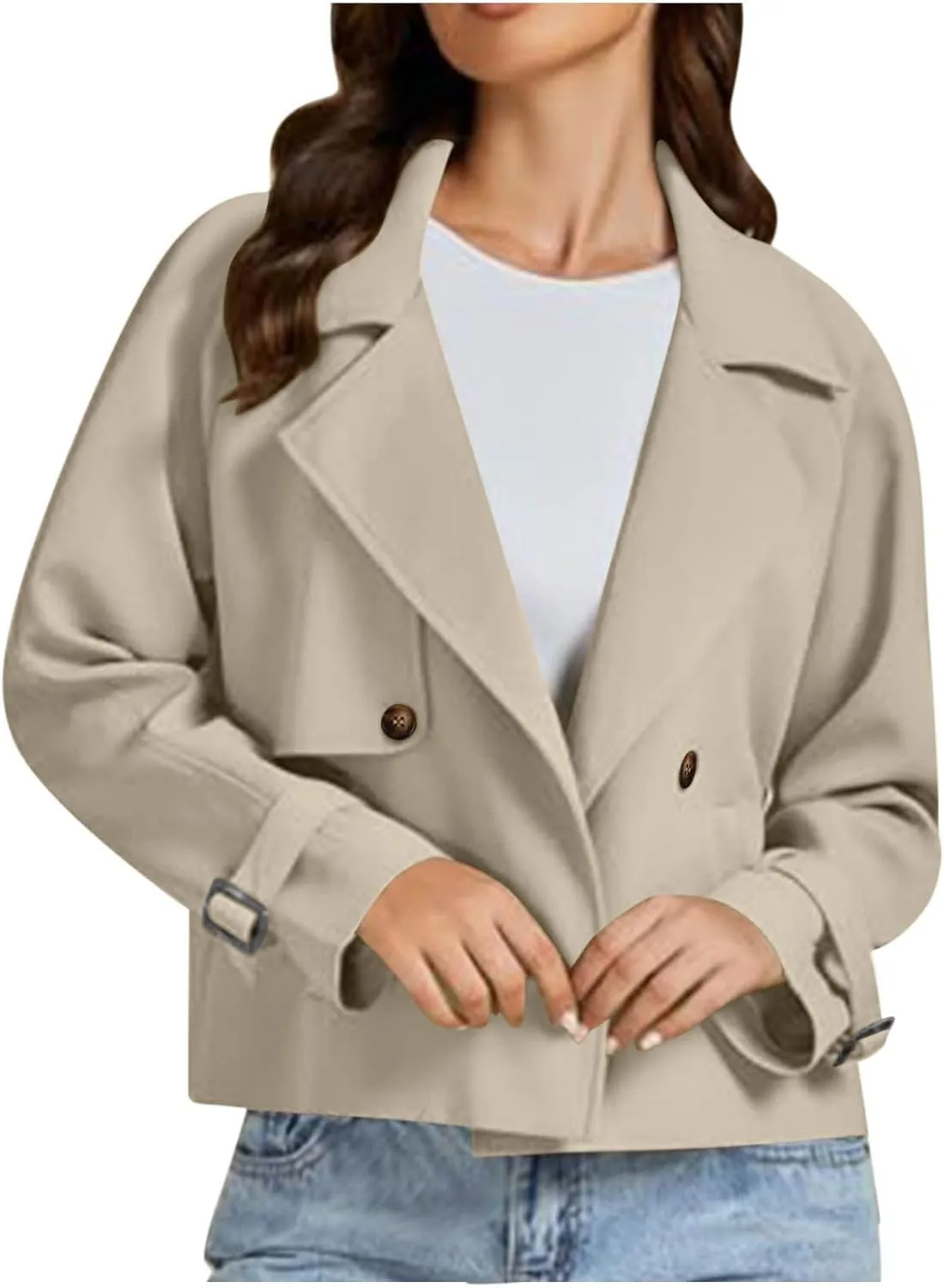Cropped Trench Coat for Women Long Sleeve Double Breasted Notched Lapel Casual Loose Fit Jackets with Pockets Fall
