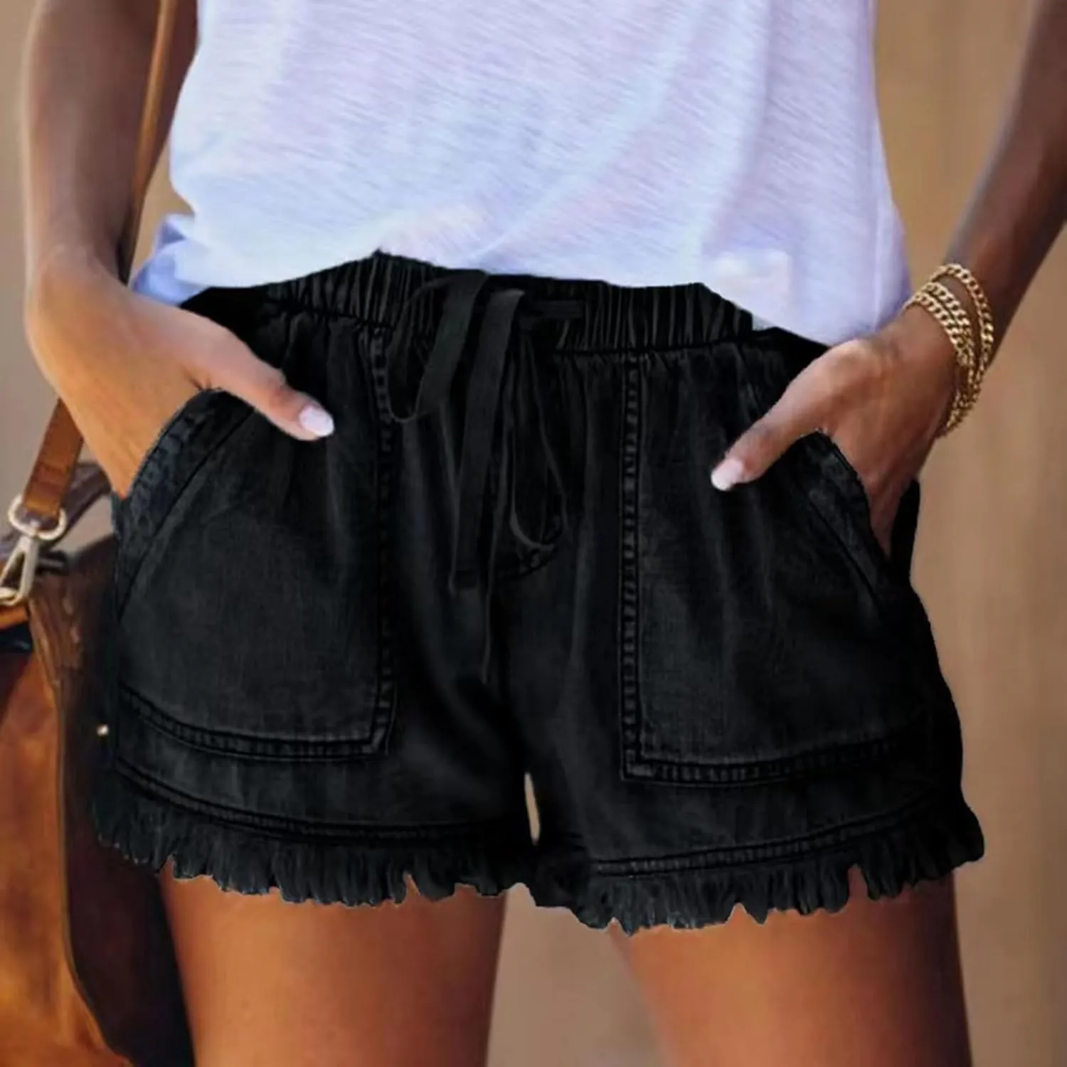 Denim Shorts Women High Waisted Cutoffs Fringe Jean Shorts with Big Pocket Stretchy Pull On Elastic Waist Jean Short