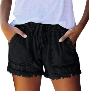 Denim Shorts Women High Waisted Cutoffs Fringe Jean Shorts with Big Pocket Stretchy Pull On Elastic Waist Jean Short