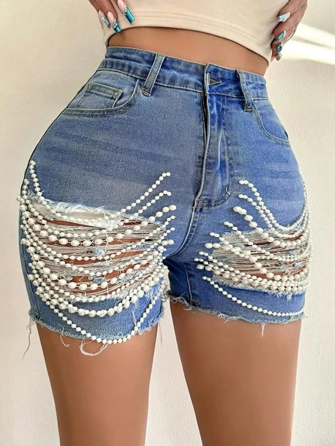DINGANG Women's Sexy Ripped Denim Shorts with Pearls Chain High Waisted Bodycon Stretchy Frayed Jean Shorts
