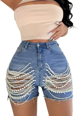 DINGANG Women's Sexy Ripped Denim Shorts with Pearls Chain High Waisted Bodycon Stretchy Frayed Jean Shorts