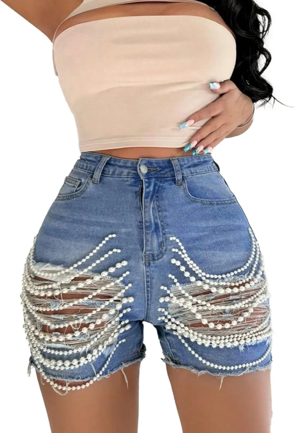 DINGANG Women's Sexy Ripped Denim Shorts with Pearls Chain High Waisted Bodycon Stretchy Frayed Jean Shorts