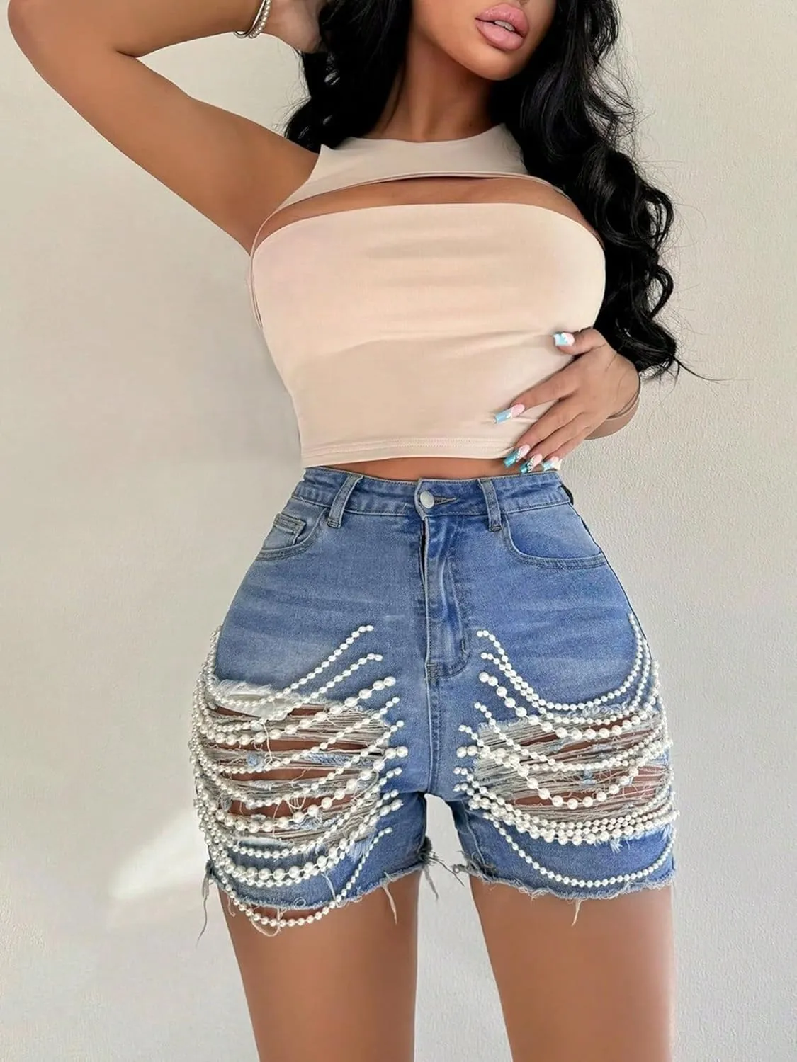 DINGANG Women's Sexy Ripped Denim Shorts with Pearls Chain High Waisted Bodycon Stretchy Frayed Jean Shorts