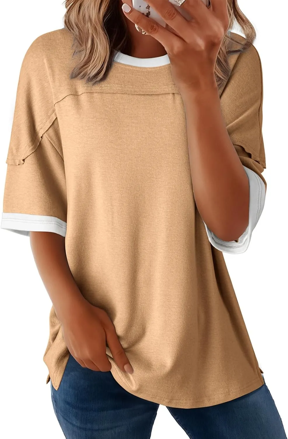 Dokotoo Summer Tops for Women 2025 Loose Oversized T Shirts Crewneck Color Block Side Slits Basic Tee Blouses