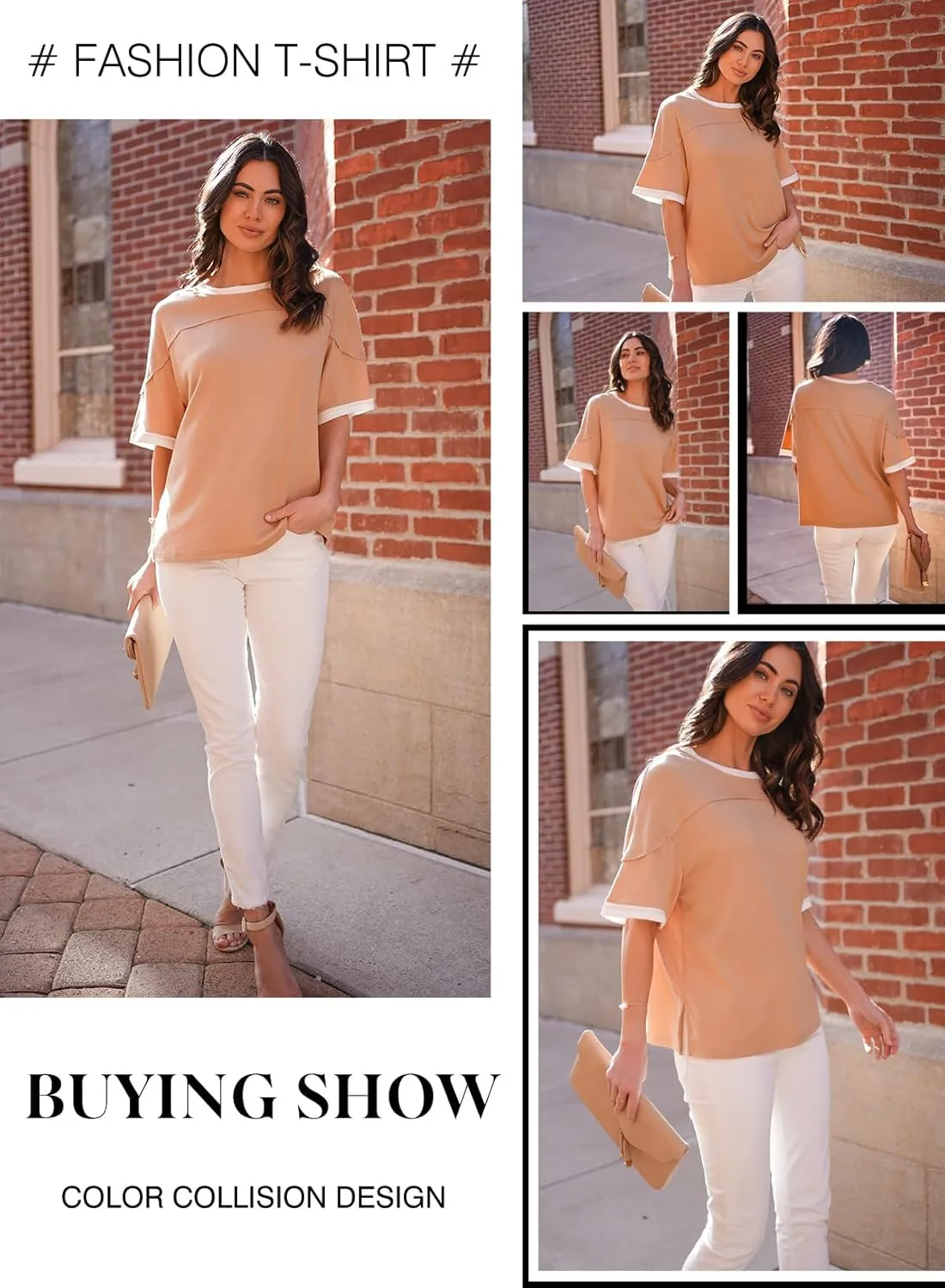 Dokotoo Summer Tops for Women 2025 Loose Oversized T Shirts Crewneck Color Block Side Slits Basic Tee Blouses