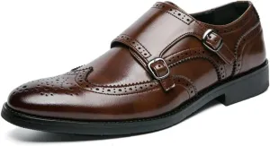 Dress Shoes for Men Slip On Monk Strap Brogue Embossed Wing tip PU Leather Low Top Slip Resistant Block Heel Rubber Sole Casual (Color : Brown, Size : 11)