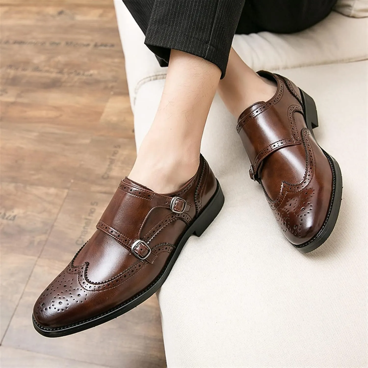 Dress Shoes for Men Slip On Monk Strap Brogue Embossed Wing tip PU Leather Low Top Slip Resistant Block Heel Rubber Sole Casual (Color : Brown, Size : 11)