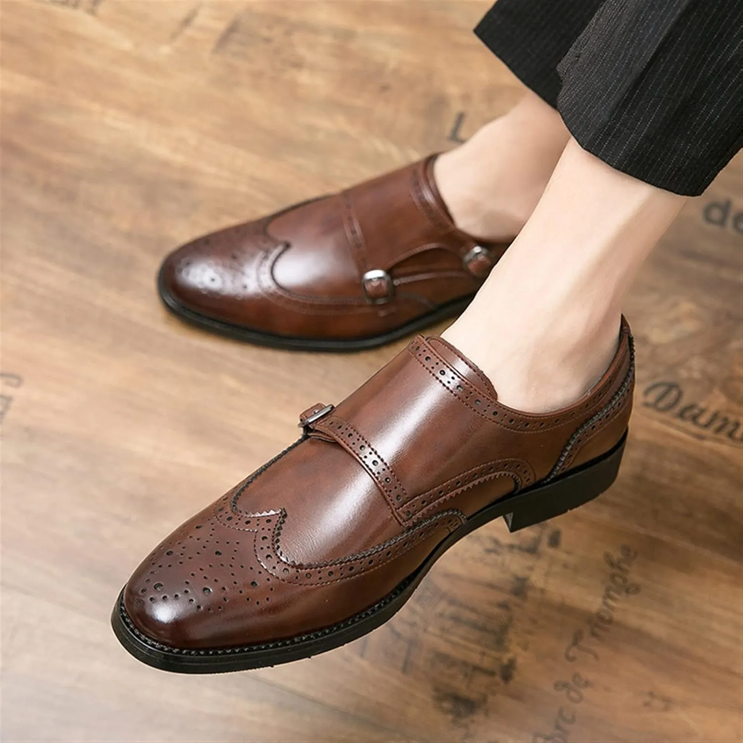Dress Shoes for Men Slip On Monk Strap Brogue Embossed Wing tip PU Leather Low Top Slip Resistant Block Heel Rubber Sole Casual (Color : Brown, Size : 11)