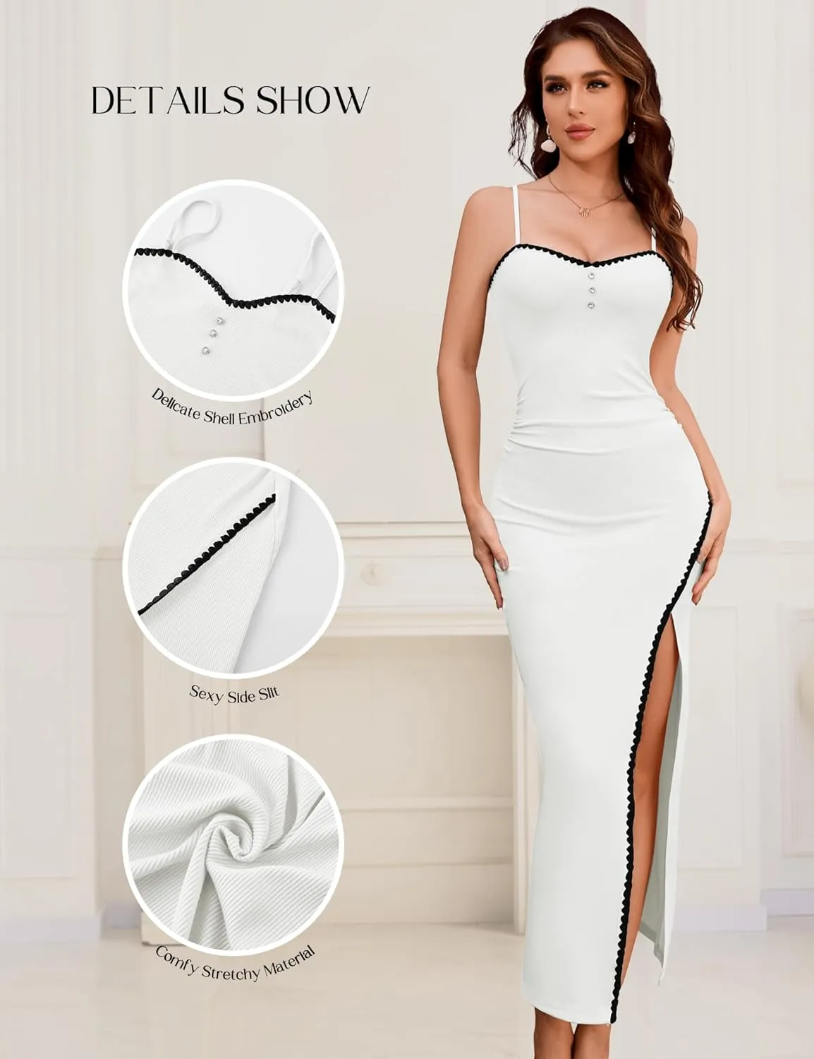 Dressystar Womens Spaghetti Strap Bodycon Formal Maxi Dress 2025 Summer Ribbed Sleeveless High Slit Embroidery Long Dresses