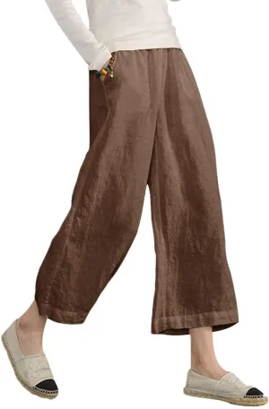 ECUPPER Womens Linen Cropped Pants Loose Casual Capri Cotton Wide Leg Plus Size Elastic Waist with Drawstring Trouses