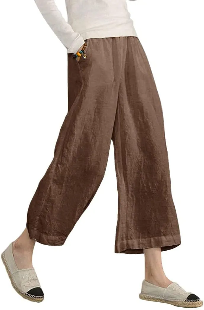 ECUPPER Womens Linen Cropped Pants Loose Casual Capri Cotton Wide Leg Plus Size Elastic Waist with Drawstring Trouses