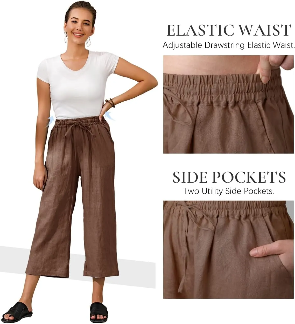 ECUPPER Womens Linen Cropped Pants Loose Casual Capri Cotton Wide Leg Plus Size Elastic Waist with Drawstring Trouses