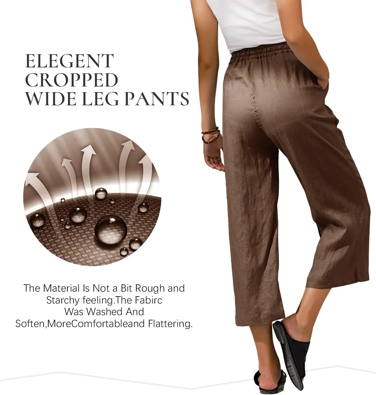 ECUPPER Womens Linen Cropped Pants Loose Casual Capri Cotton Wide Leg Plus Size Elastic Waist with Drawstring Trouses