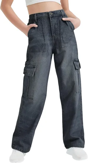 EXARUS Girls Jeans Cargo Pants Wide Leg Baggy High Elastic Waistband Kids Straight Denim Pant with Pockets Youth 8-14Y