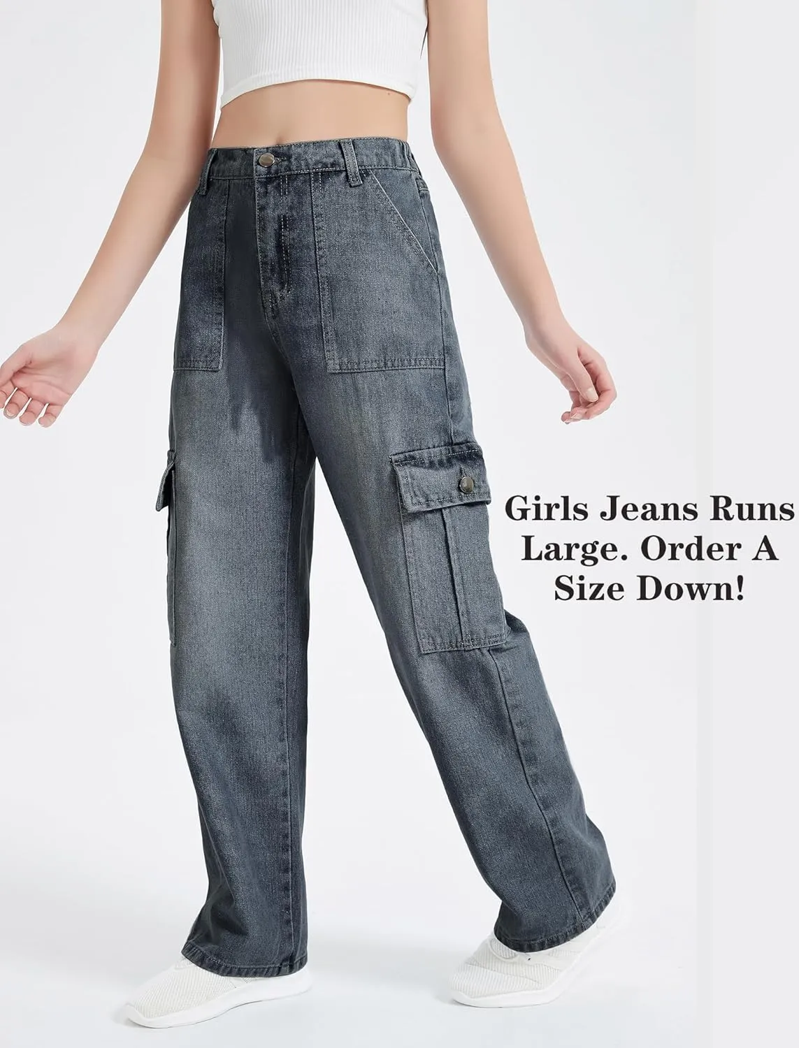 EXARUS Girls Jeans Cargo Pants Wide Leg Baggy High Elastic Waistband Kids Straight Denim Pant with Pockets Youth 8-14Y