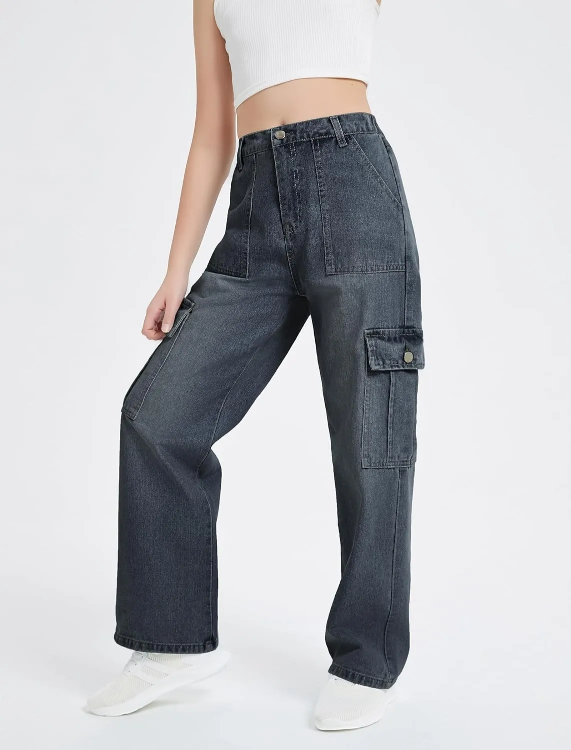 EXARUS Girls Jeans Cargo Pants Wide Leg Baggy High Elastic Waistband Kids Straight Denim Pant with Pockets Youth 8-14Y