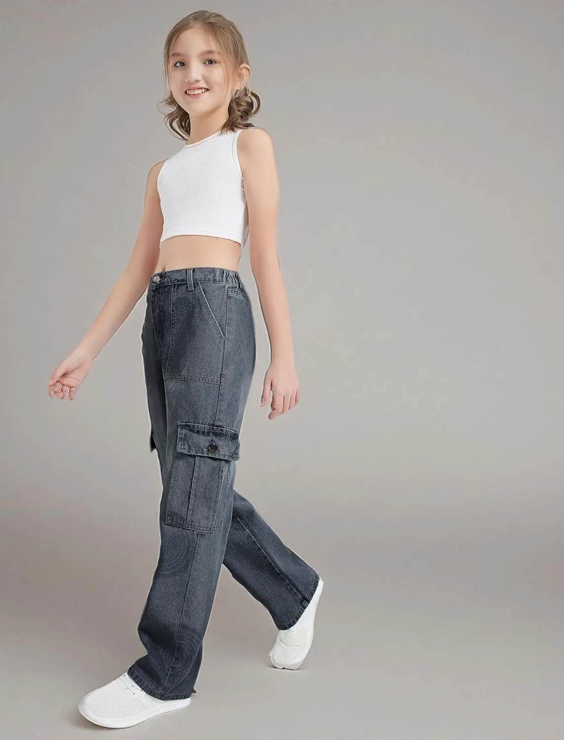 EXARUS Girls Jeans Cargo Pants Wide Leg Baggy High Elastic Waistband Kids Straight Denim Pant with Pockets Youth 8-14Y