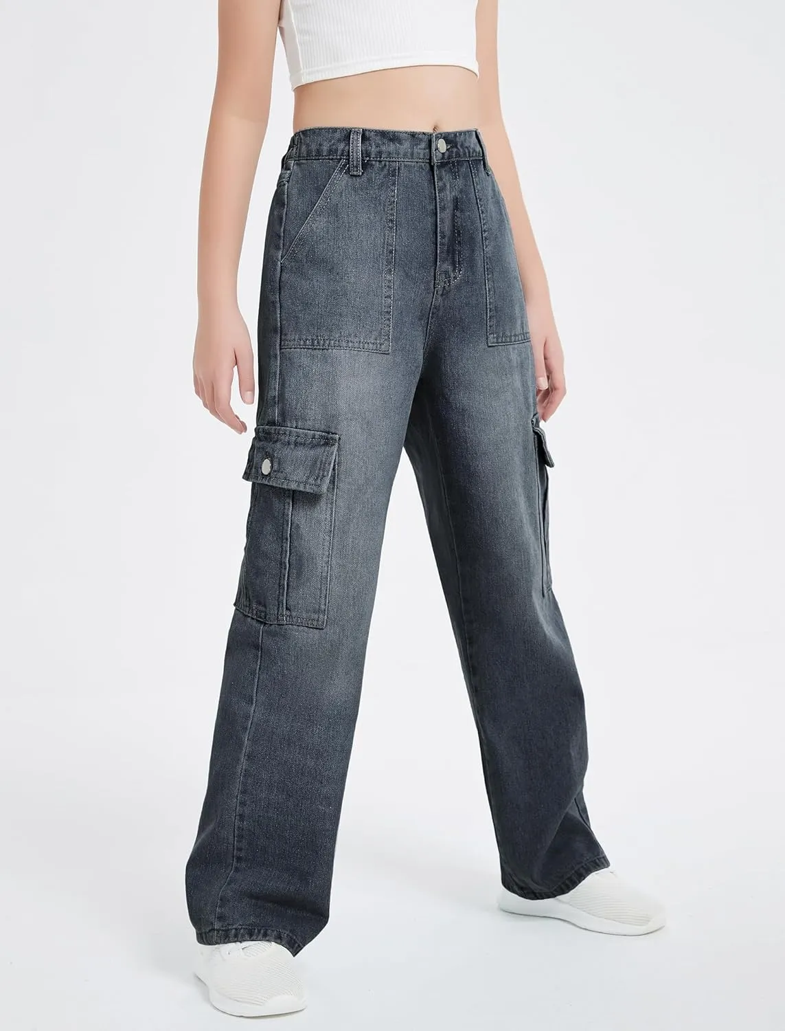 EXARUS Girls Jeans Cargo Pants Wide Leg Baggy High Elastic Waistband Kids Straight Denim Pant with Pockets Youth 8-14Y