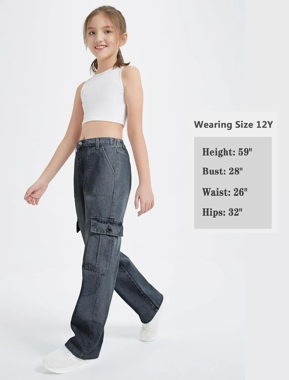 EXARUS Girls Jeans Cargo Pants Wide Leg Baggy High Elastic Waistband Kids Straight Denim Pant with Pockets Youth 8-14Y