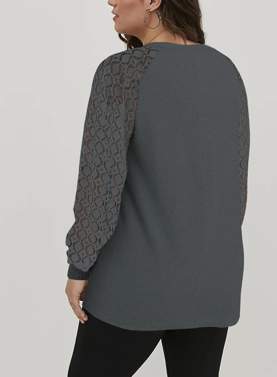 Eytino Plus Size Tops for Women Lace Long Sleeve Round Neck Casual Loose Blouses T Shirts(1X-5X)