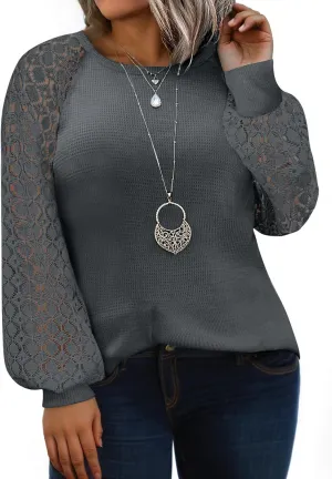 Eytino Plus Size Tops for Women Lace Long Sleeve Round Neck Casual Loose Blouses T Shirts(1X-5X)